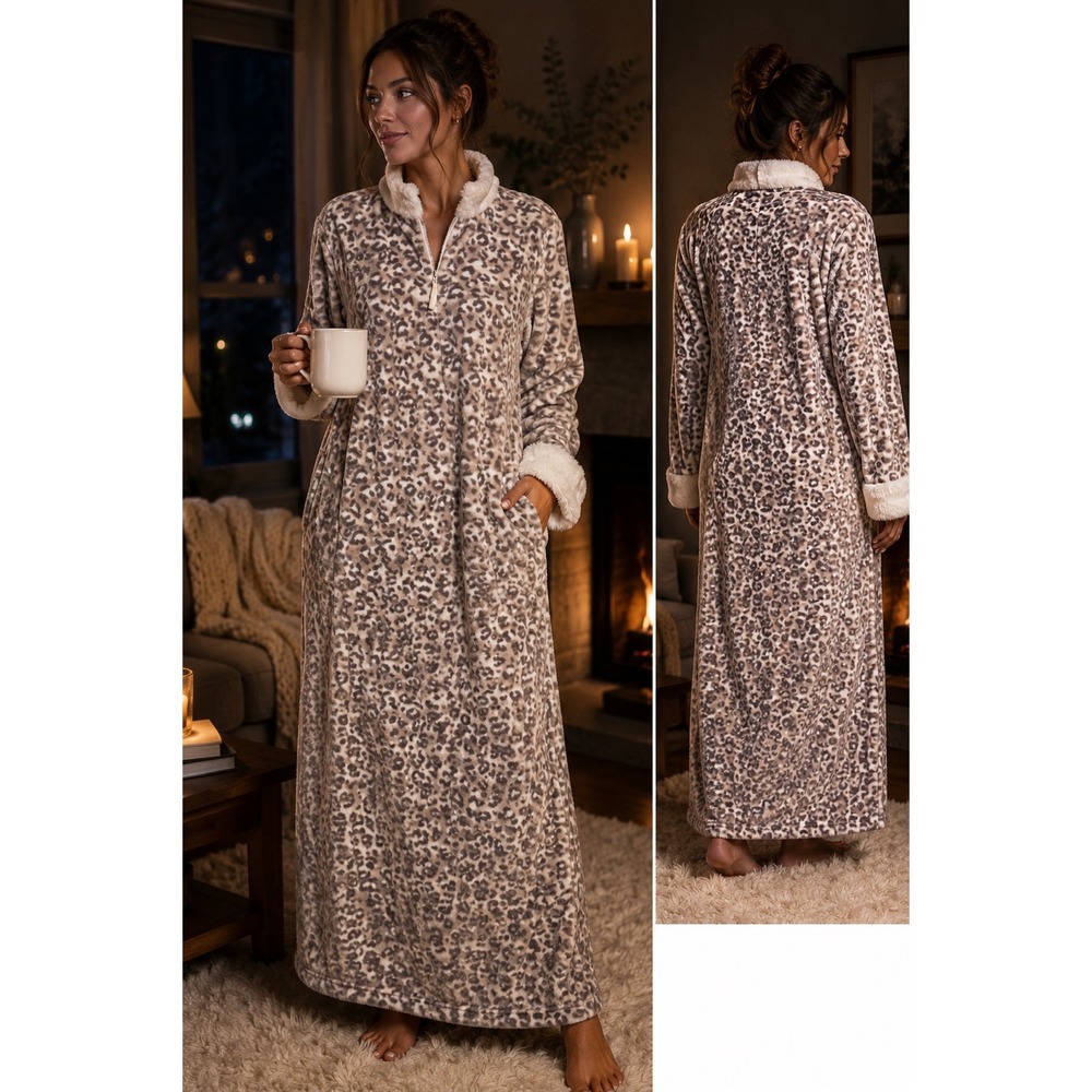 Anne Klein L XL Leopard Plush Robe Full Length Zip Front Faux Fur Cozy